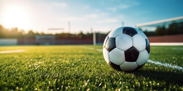 Pallone da calcio trova abilmente la rete sullo sfondo di un campo di calcio che simboleggia lo sport e il tempo libero