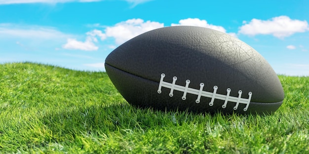 Pallone da football americano su un campo erboso verde lussureggiante Super bowl 3d rendering