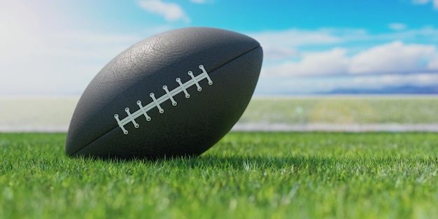 Pallone da football americano su un campo erboso verde lussureggiante Super bowl 3d rendering