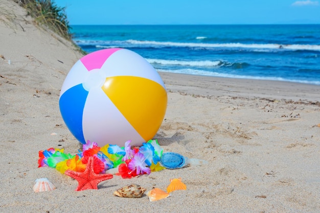 Pallone da spiaggia conchiglie stelle marine e occhiali in spiaggia