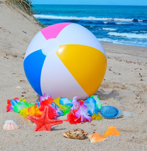 Pallone da spiaggia conchiglie stelle marine e occhiali in spiaggia