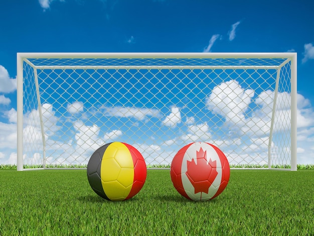 Palloni da calcio nei colori delle bandiere sul campo di calcio Belgio con Canada rendering 3d