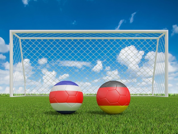 Palloni da calcio nei colori delle bandiere sul campo di calcio Costarica con rendering 3d in Germania