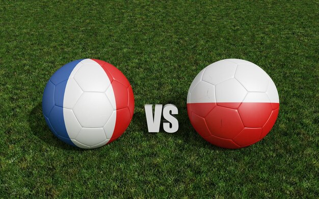 Palloni da calcio nei colori delle bandiere sul campo di calcio francia con polonia rendering 3d