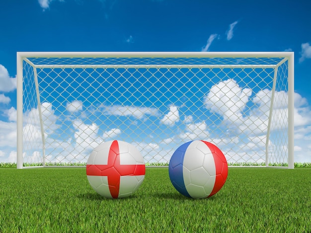 Palloni da calcio nei colori delle bandiere sul campo di calcio Inghilterra con rendering 3d in Francia