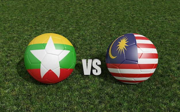 Palloni da calcio nei colori delle bandiere sul campo di calcio Myanmar con il rendering 3d della Malesia