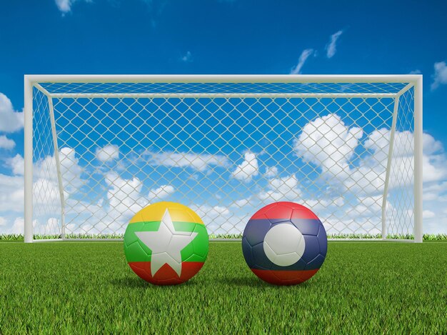 Palloni da calcio nei colori delle bandiere sul campo di calcio Myanmar con rendering Laos 3d