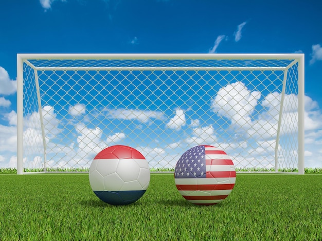 Palloni da calcio nei colori delle bandiere sul campo di calcio Paesi Bassi con rendering USA 3d