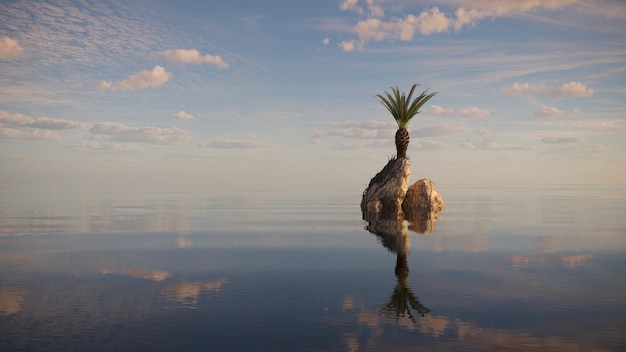 palma su un'isola nel mezzo dell'oceano, illustrazione 3D, rendering cg