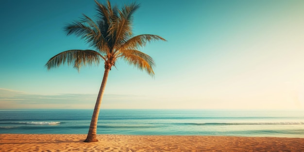 Palma su una spiaggia tropicale soleggiata sotto un cielo turchese concetto di vacanza IA generativa