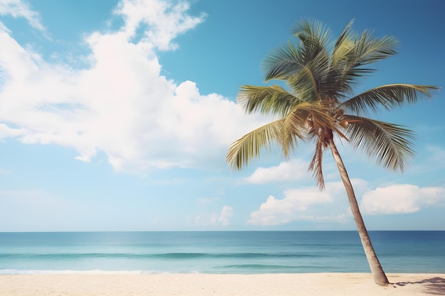 Palma sulla spiaggia tropicale con cielo blu e nuvole bianche generata dall'intelligenza artificiale