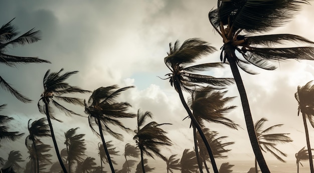 Palme che soffiano nel vento catastrofico uragano generativo ai