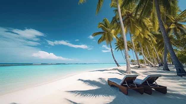 Palme con sedie a sdraio sulla spiaggia tropicale caraibica saona isola repubblica dominicana vacatio