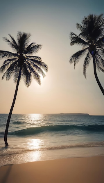 Palme da cocco sulla spiaggia al tramonto bellissimo sfondo tropicale