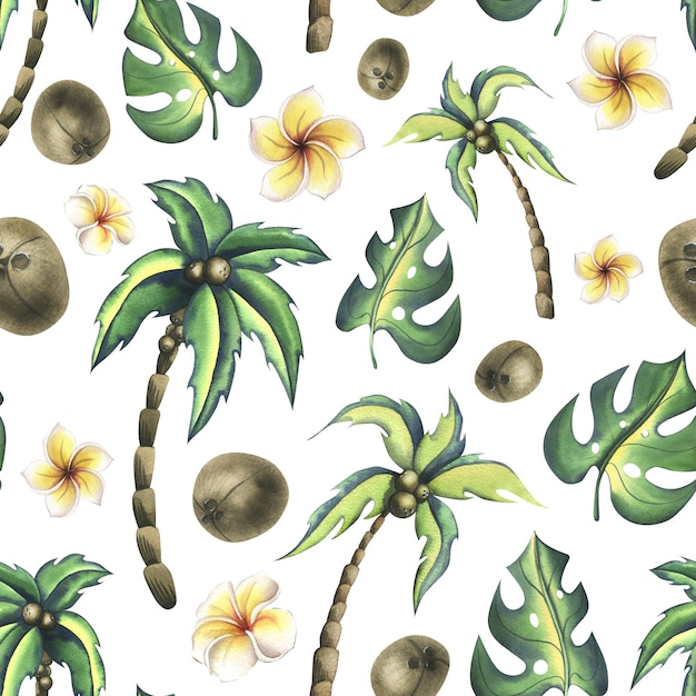 Palme da cocco tropicali e foglie di monstera con fiori di frangipani Illustrazione dell'acquerello in stile cartone animato disegnato a mano Modello senza cuciture su sfondo bianco Per l'imballaggio di carta da parati in tessuto