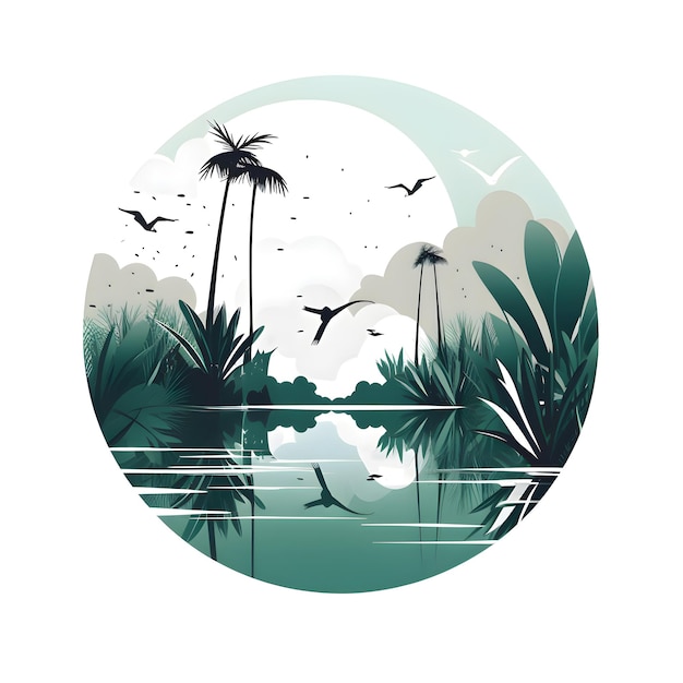 Palme e gabbiani sul lago Illustrazione vettoriale