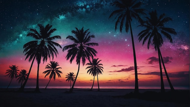 Palme su una spiaggia al tramonto Palme su una spiaggia al tramonto con un cielo notturno stellato