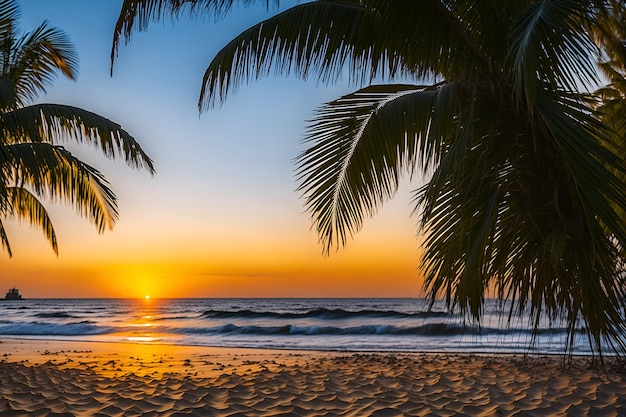 Palme su una spiaggia al tramonto