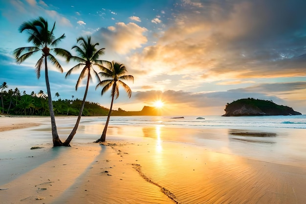 Palme su una spiaggia al tramonto