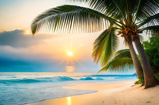 Palme su una spiaggia al tramonto