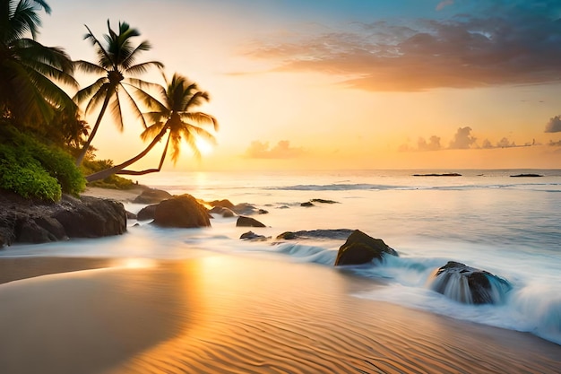 Palme su una spiaggia al tramonto