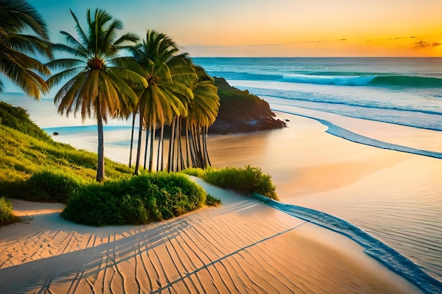 Palme su una spiaggia al tramonto