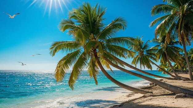 palme su una spiaggia con il sole che splende attraverso le nuvole ai generato