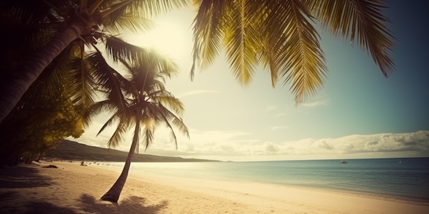 Palme su una spiaggia con il sole che splende attraverso le palme