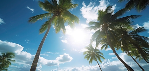 Palme su una spiaggia con il sole che splende su di loro.