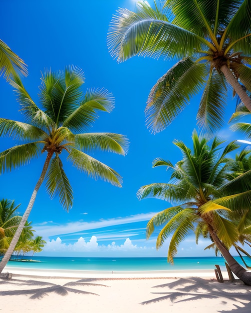 Palme su una spiaggia con il sole che splende su di loro