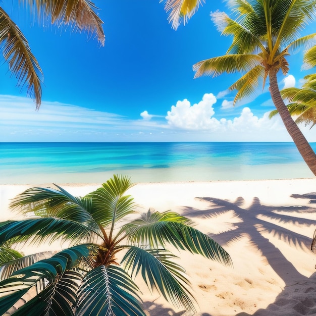 Palme su una spiaggia con l'oceano sullo sfondo