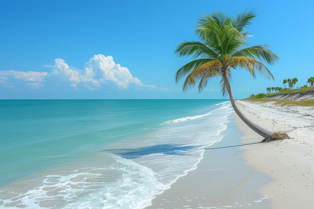 Palme su una spiaggia con sabbia bianca e acqua blu