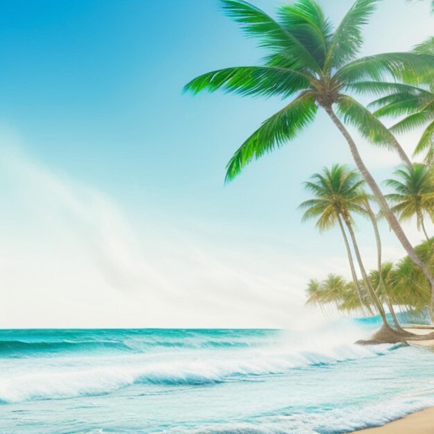 palme su una spiaggia con un cielo blu e l'oceano sullo sfondo