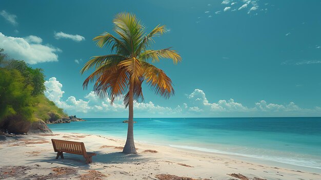 Palme su una spiaggia con una panchina