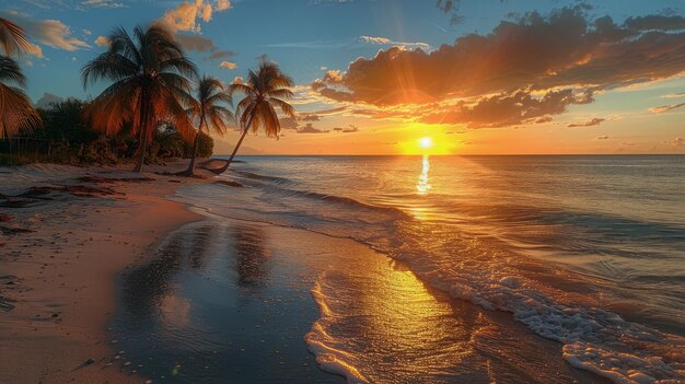 Palme sulla spiaggia al tramonto