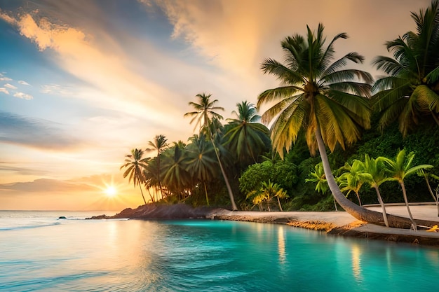 Palme sulla spiaggia al tramonto