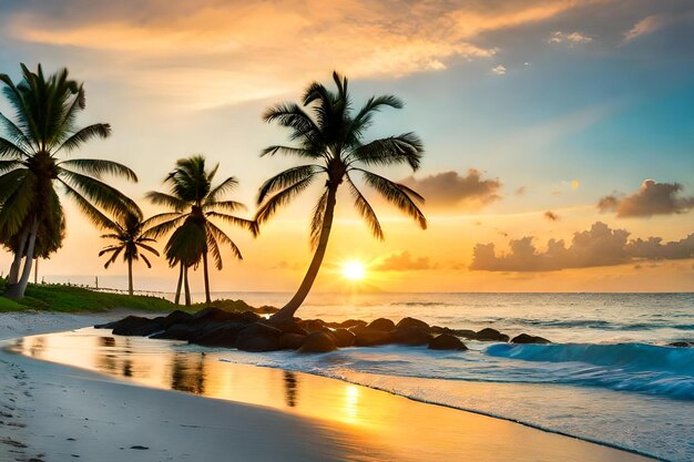 Palme sulla spiaggia al tramonto