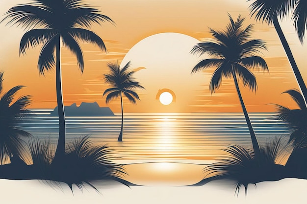 palme sulla spiaggia con il sole che tramonta dietro di loro.