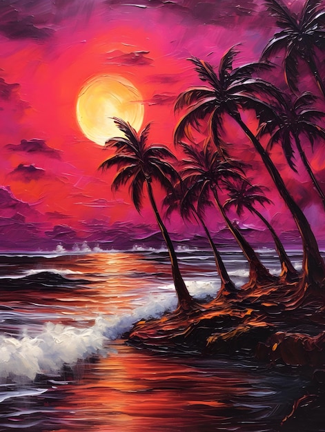Palme sulla spiaggia con la luna sullo sfondo.