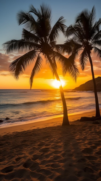 Palme sulla spiaggia con un tramonto arancione