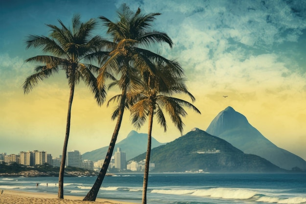 Palme sulla spiaggia di Rio de Janeiro Brasile Palme e due fratelli Montagna sulla spiaggia di Ipanema Rio de Janeiro AI Generato