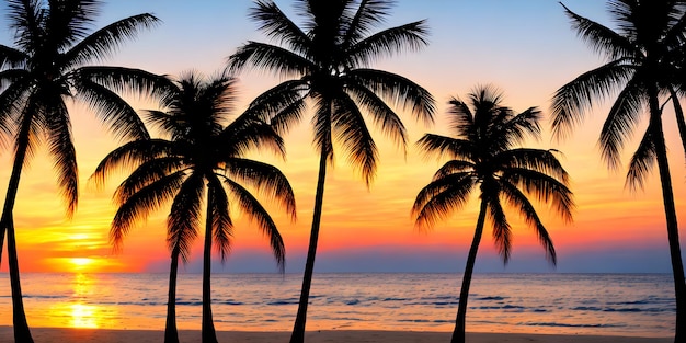 Palme sullo sfondo della spiaggia al tramonto con vista panoramica luminosa vista panoramica ai generata