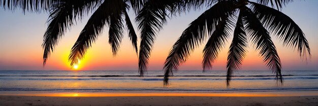 Palme sullo sfondo della spiaggia al tramonto con vista panoramica luminosa vista panoramica ai generata