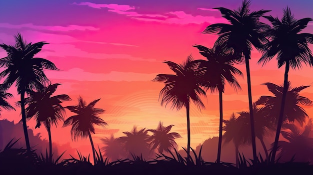Palme sullo sfondo di un colorato sole rosso tramonto luminoso Vacanze estive ai tropici