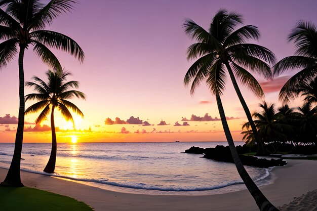 Palme tropicali al tramonto sulla spiaggia paradisiaca