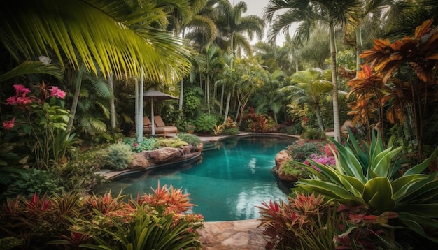 Palme tropicali oscillano in un idilliaco paesaggio verde vicino a una piscina generata dall'intelligenza artificiale