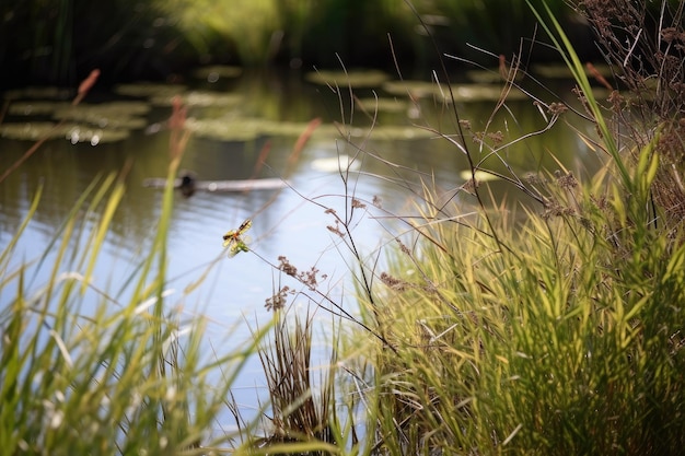 Palude con libellule e colibrì che sfrecciano sopra l'acqua creata con l'IA generativa