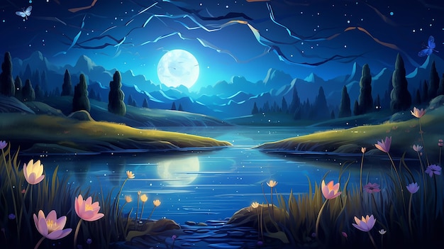 palude illuminata dalla luna con amichevoli lucciole bellissimo sfondo dei cartoni animati
