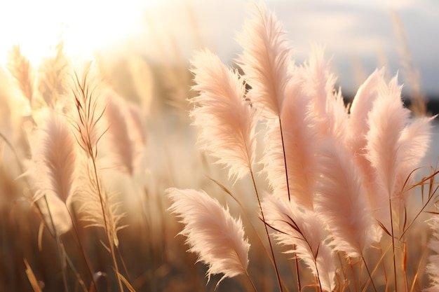 Pampas erba all'aperto in colori pastello rosa chiaro Canne secche stile boho Sfondo botanico alla moda