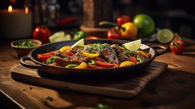 Pan con fajita di manzo con lime e verdure in tavola